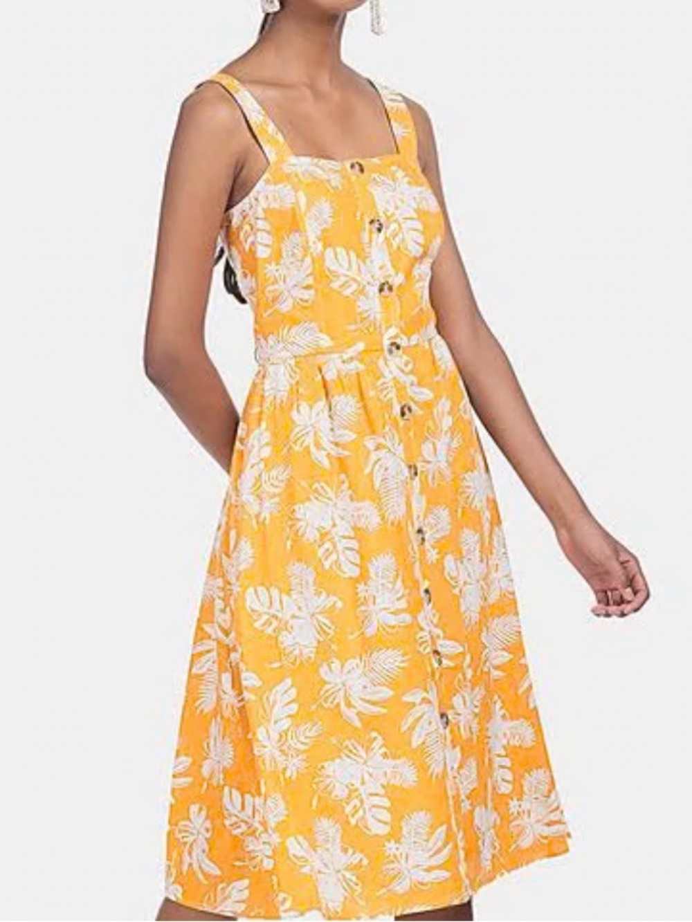 Tommy Hilfiger Dress Size XS Mustard Yellow Button Leaf Print Front Linen Blend